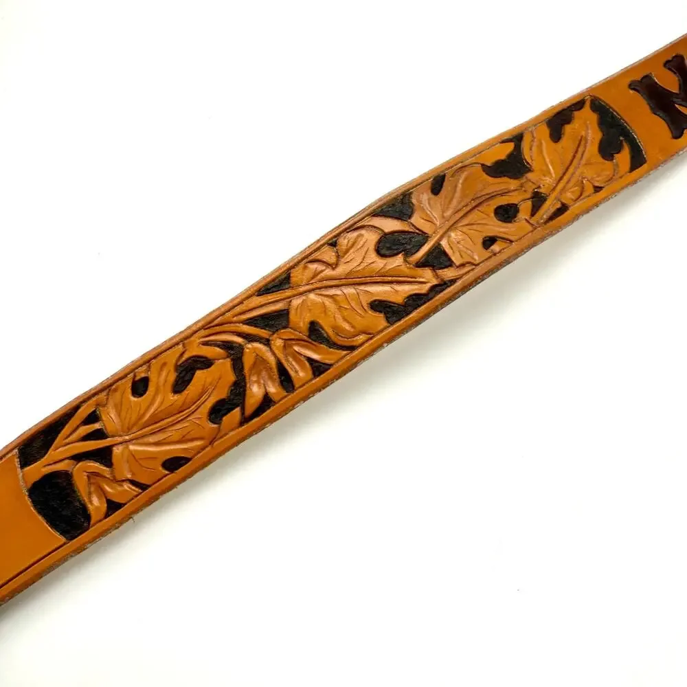 Maureen Vintage Western Name Belt 32 Hand Tooled Brown Leather Leaves No Buckle